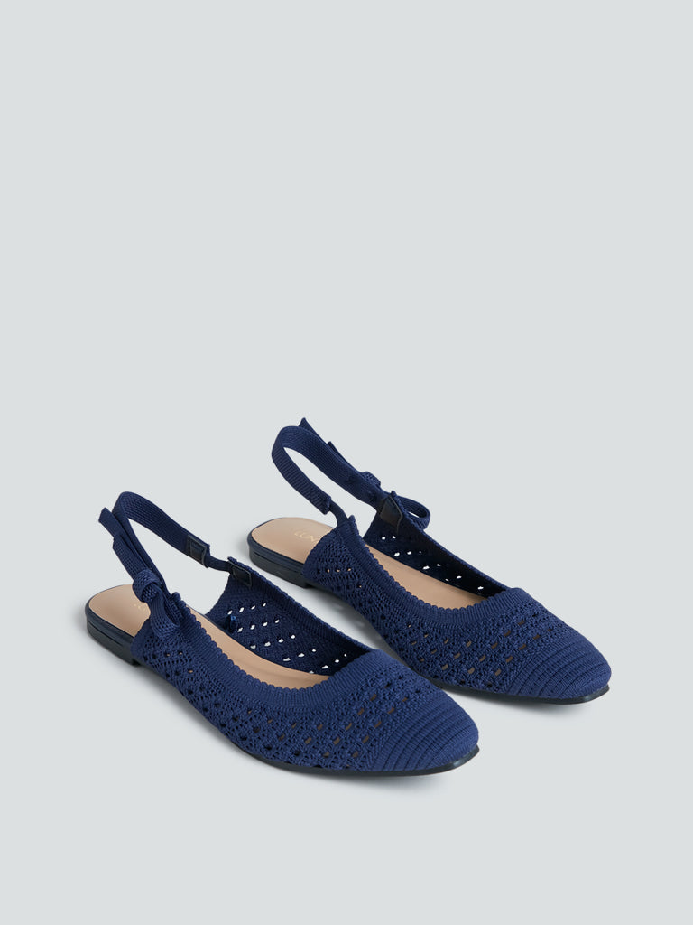 LUNA BLU Navy Knit-Detailed Slingback Flats